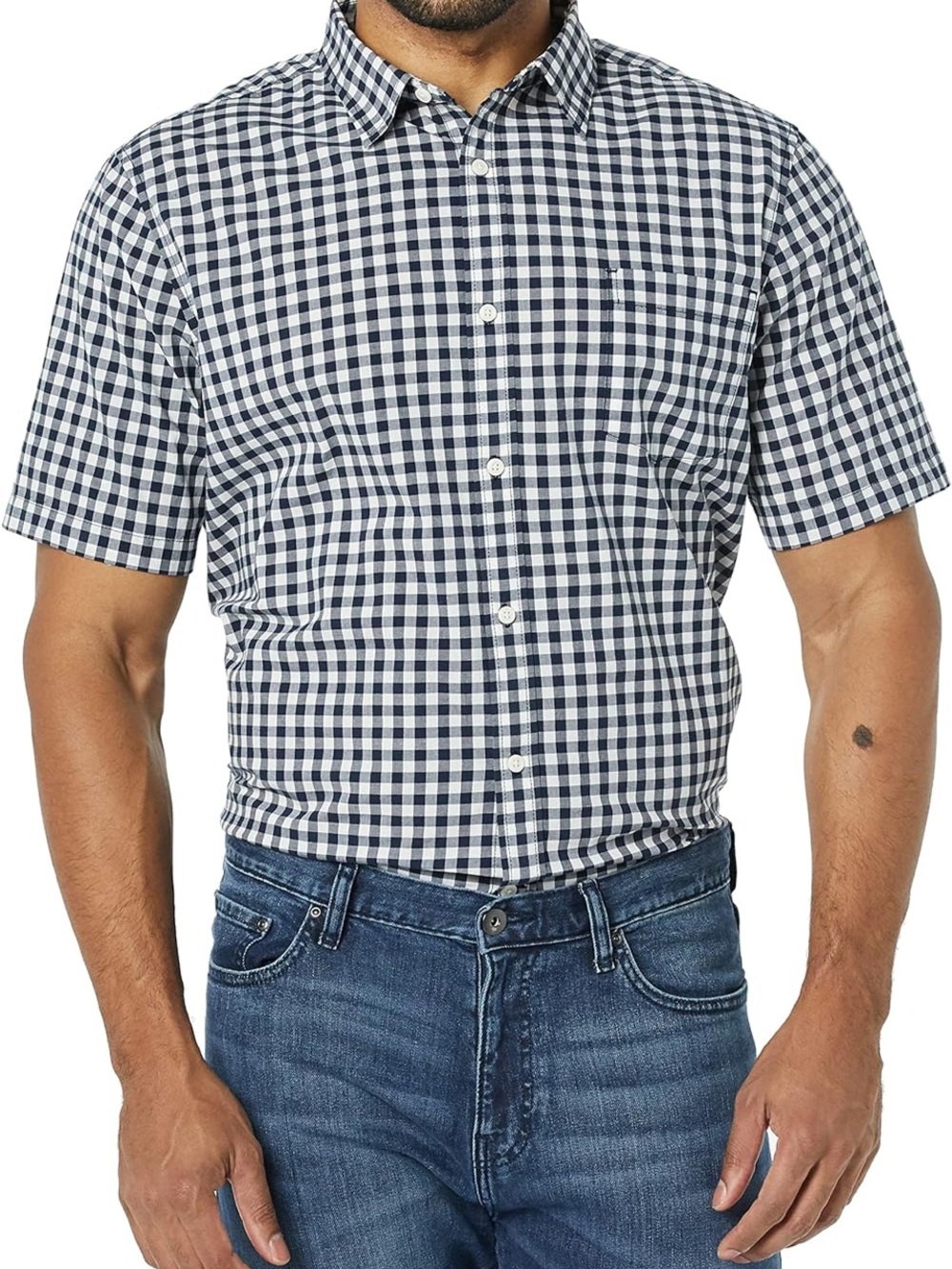 Amazon Essentials Navy and White Gingham Short-Sleeve Button-Down Shirt slim fit